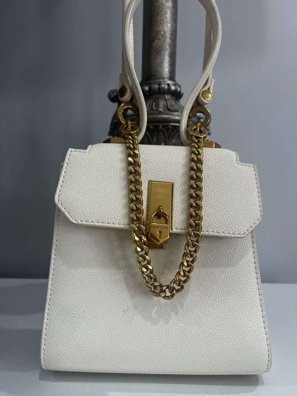 Charles & Keith White Mini Top-Handle Bag with Gold Chain